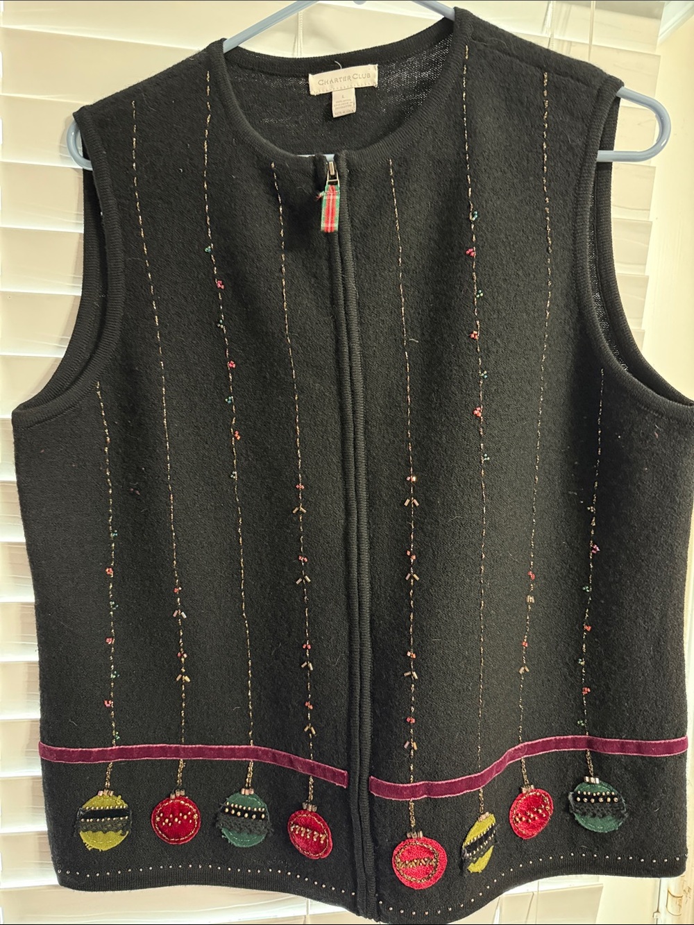 Charter Club Black Festive Embroidered Zip-Front Vest with Ornament Trim